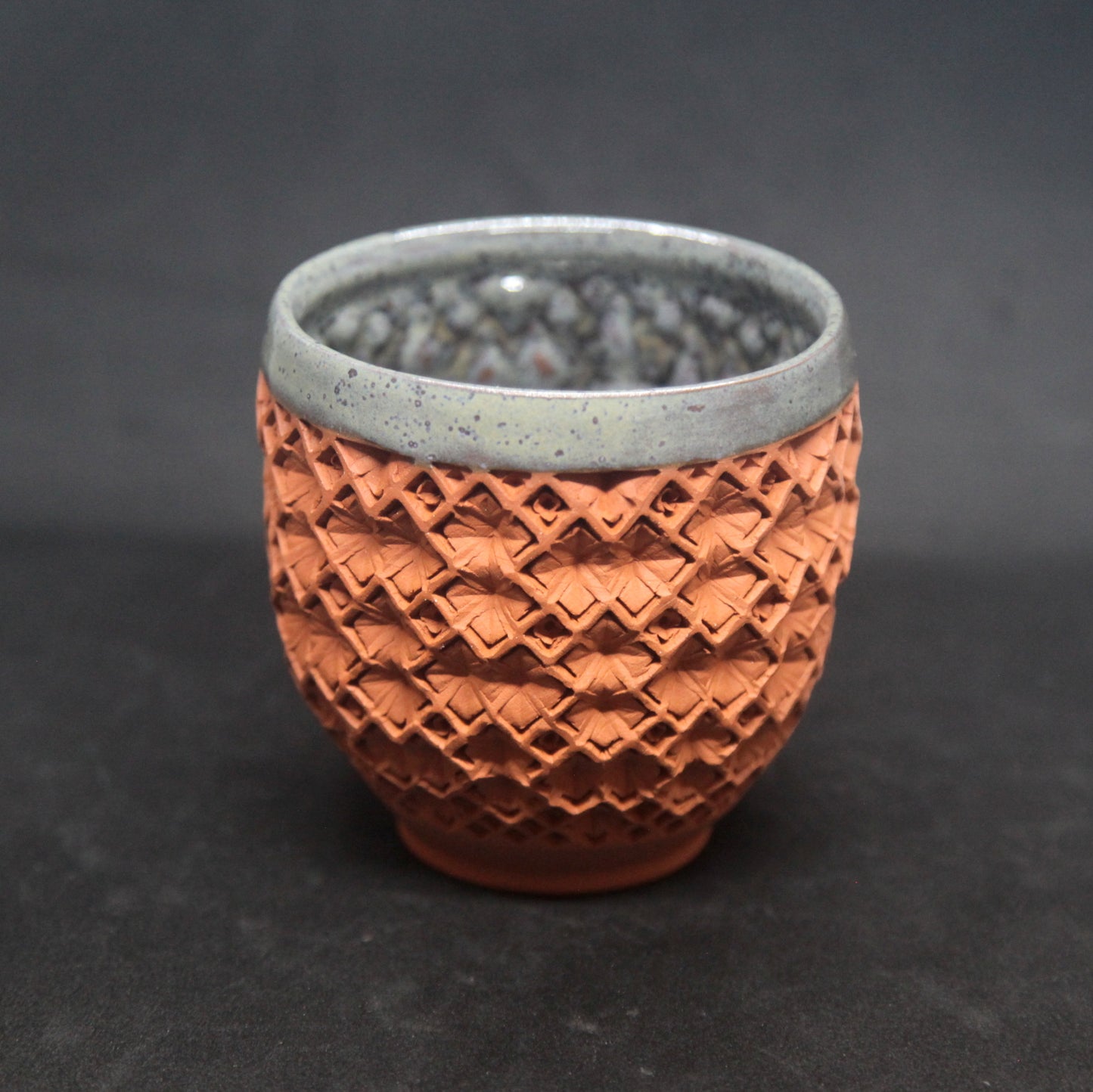 Metalized mother of pearl bowl on red clay - hydrangea motif
