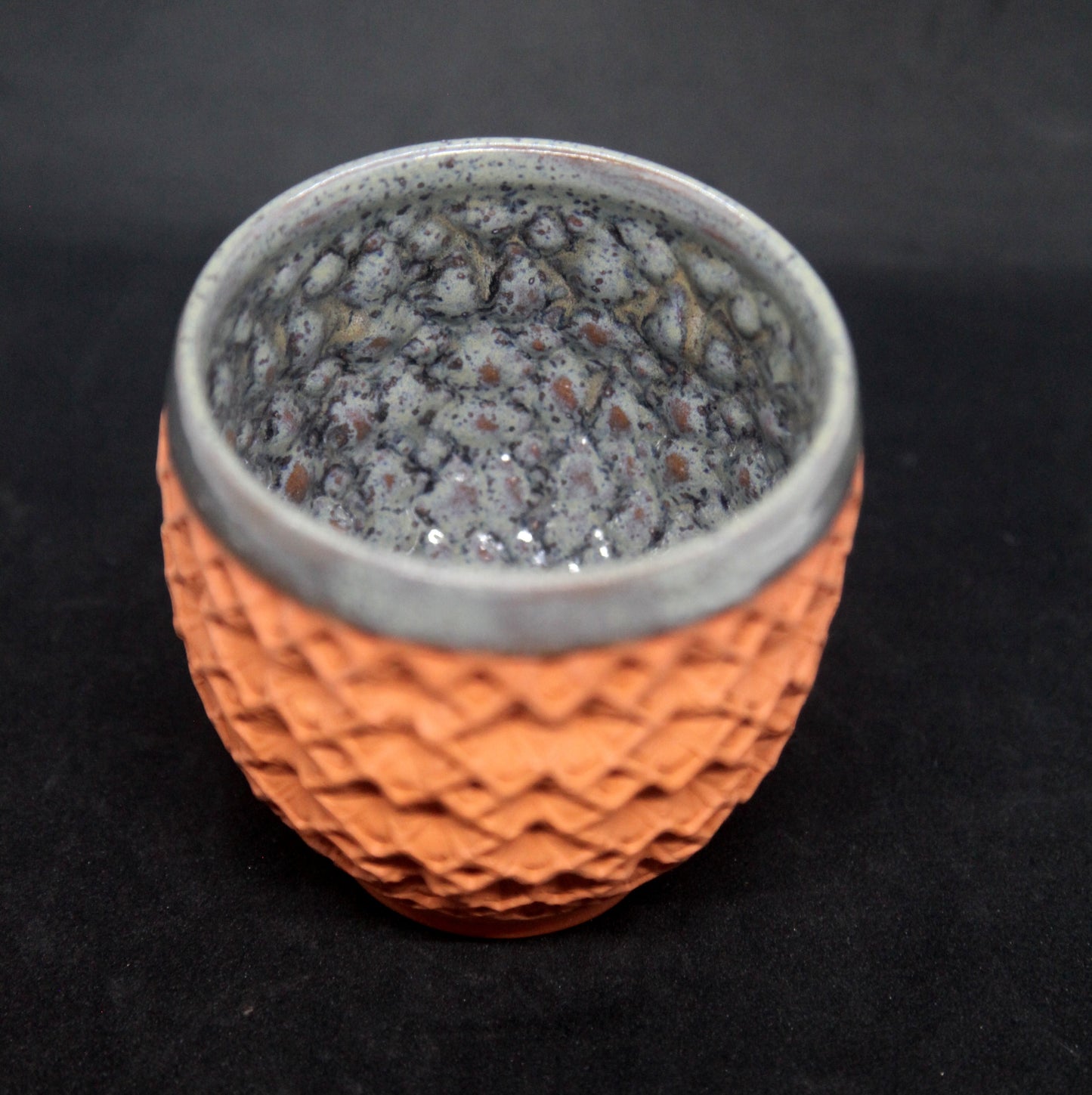 Metalized mother of pearl bowl on red clay - hydrangea motif