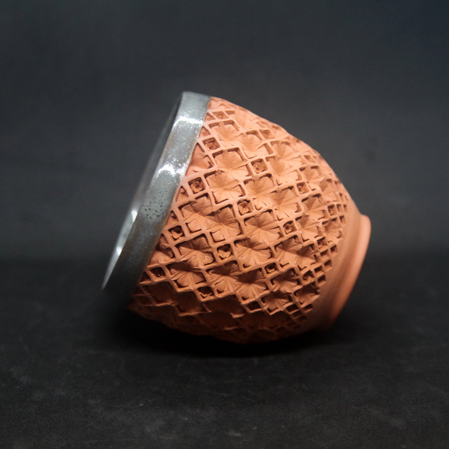 Metalized mother of pearl bowl on red clay - hydrangea motif