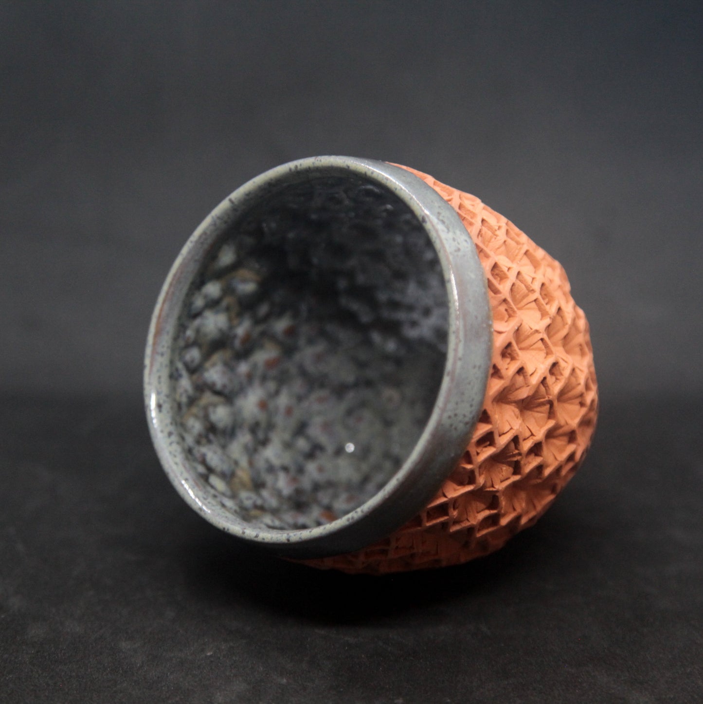 Metalized mother of pearl bowl on red clay - hydrangea motif