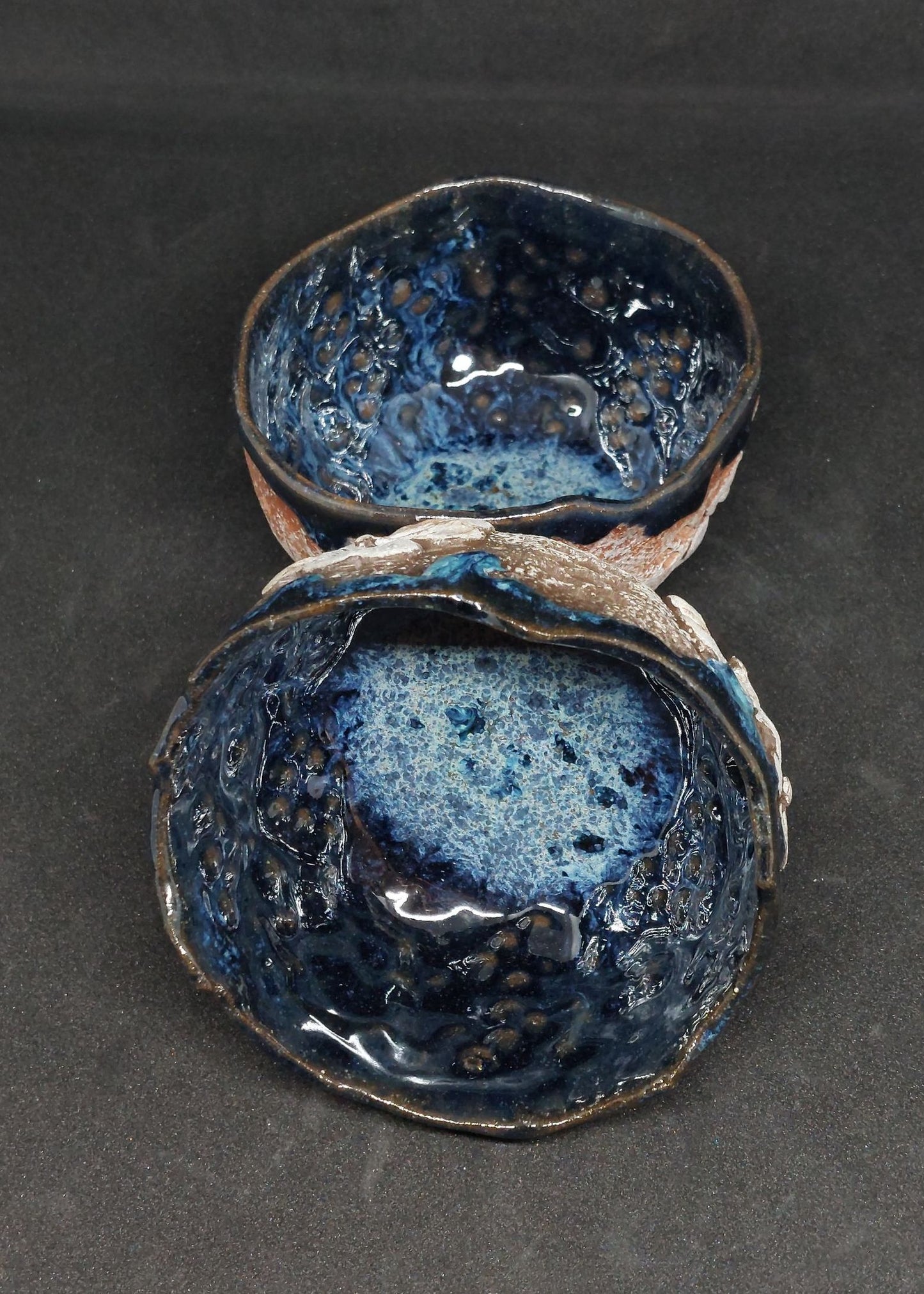 Tasses bleues sur terre noire et rouge - motifs de fleurs