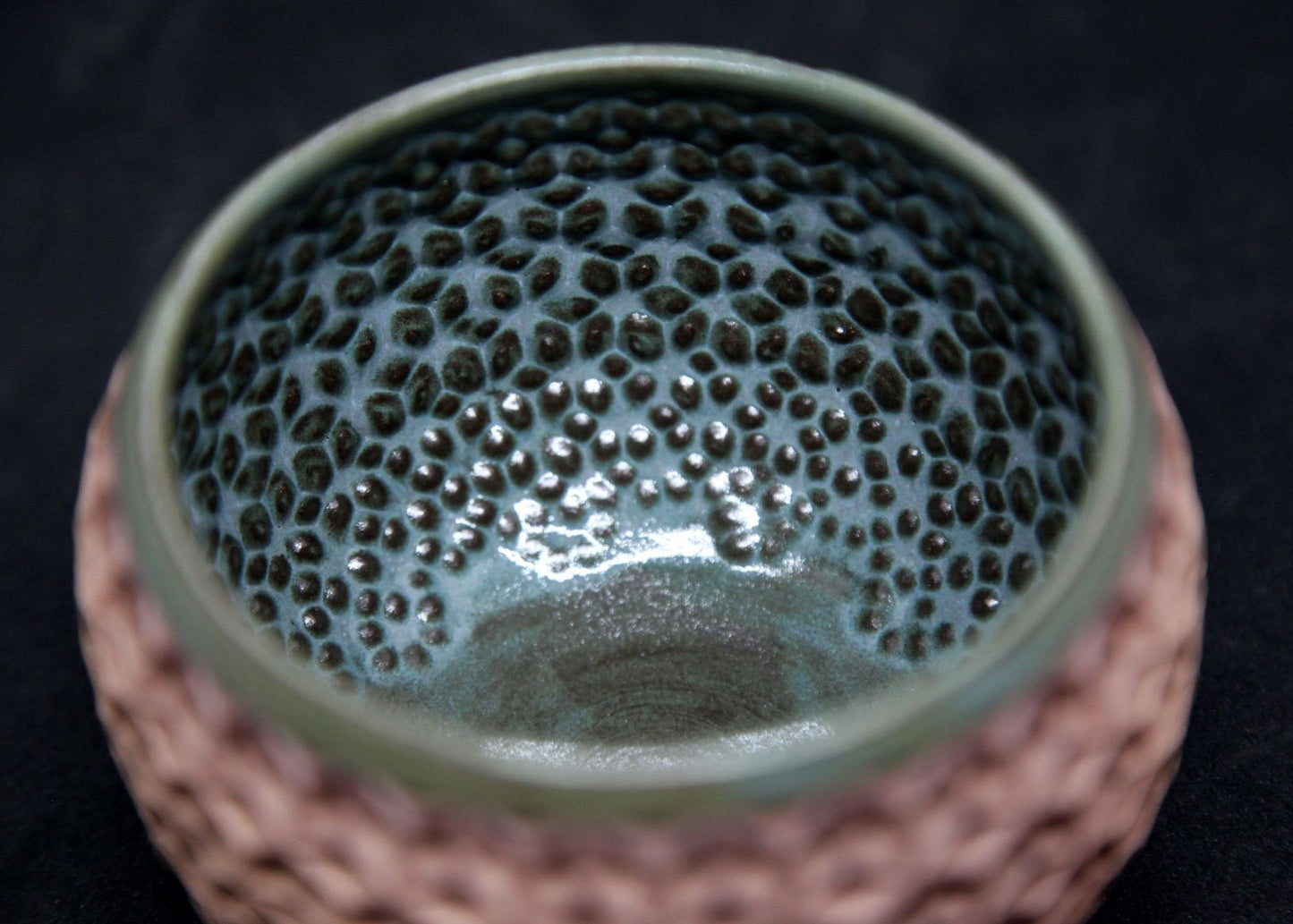 Green bowl on buff clay - flowers of life pattern
