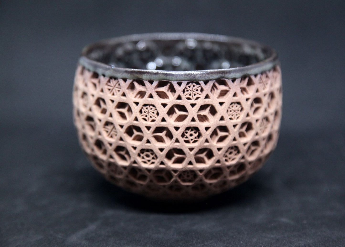 Blue and brown bowl on buff clay - prism pattern