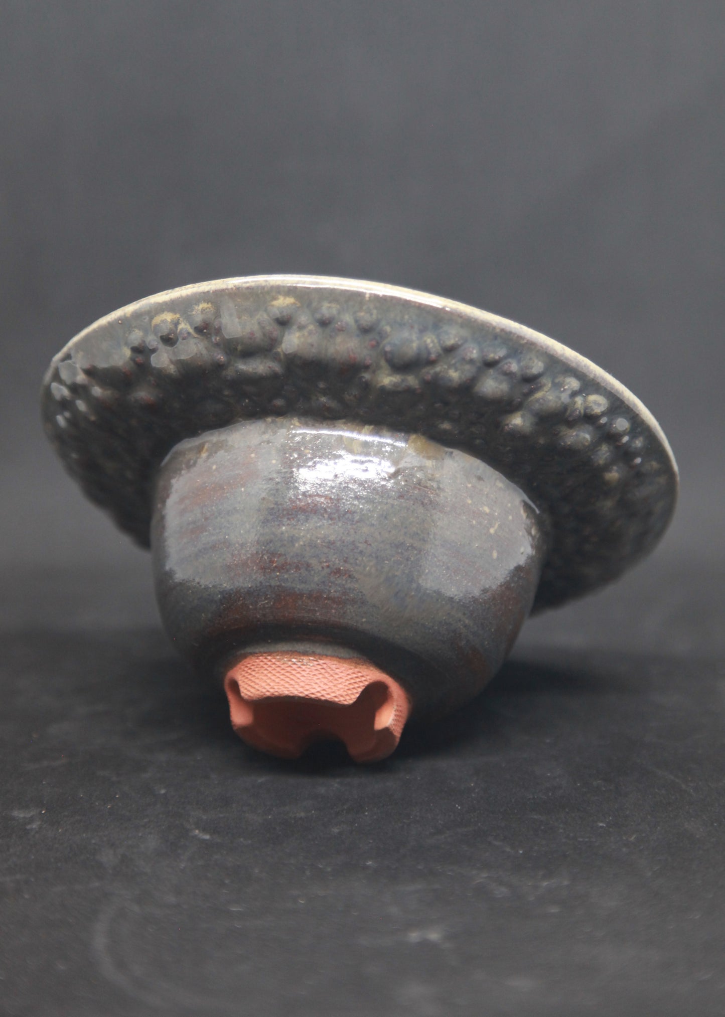 Pearl green and white marli bowl on red glaze - hydrangea motif