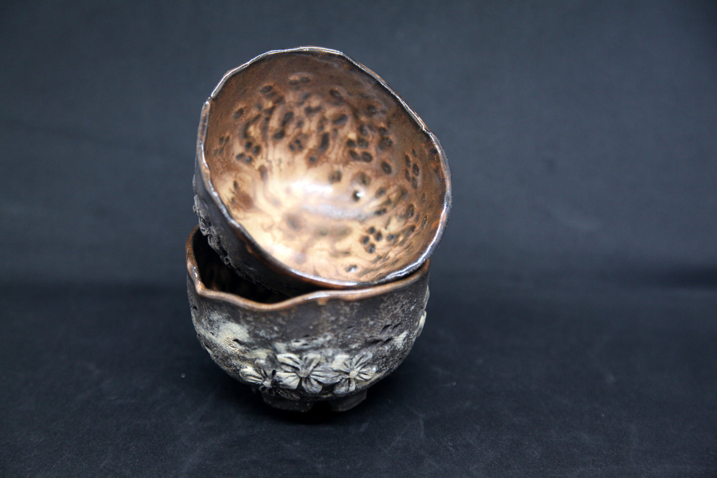 Caramel cups on black clay - flower patterns