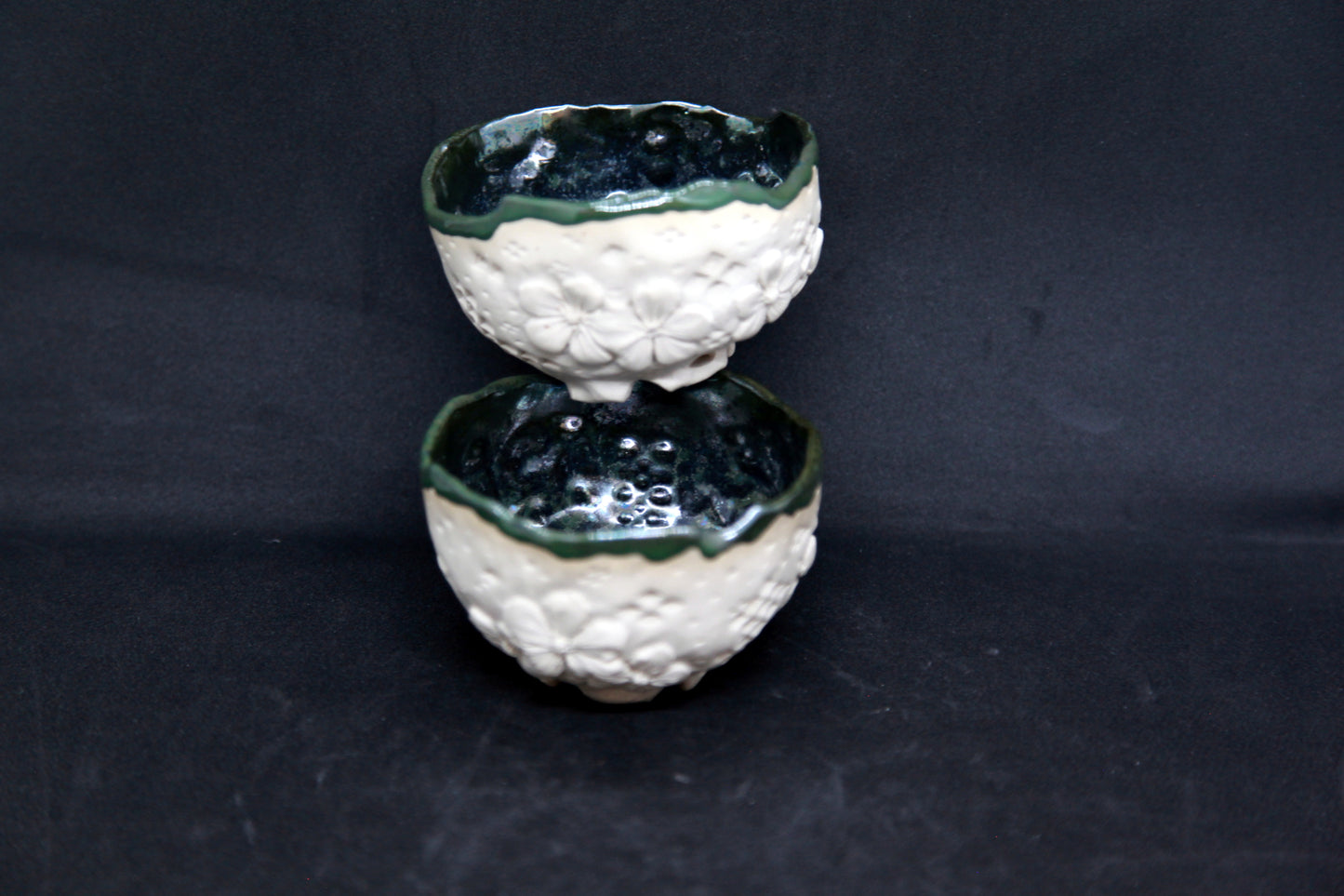 Metal green cups on white clay - flower patterns