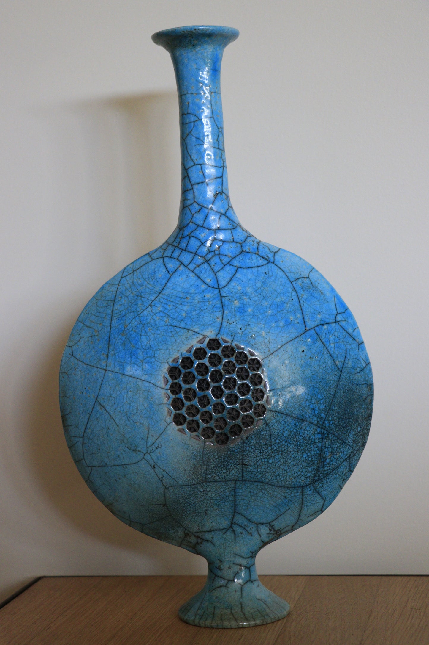 Vase disque raku turquoise (grande taille)