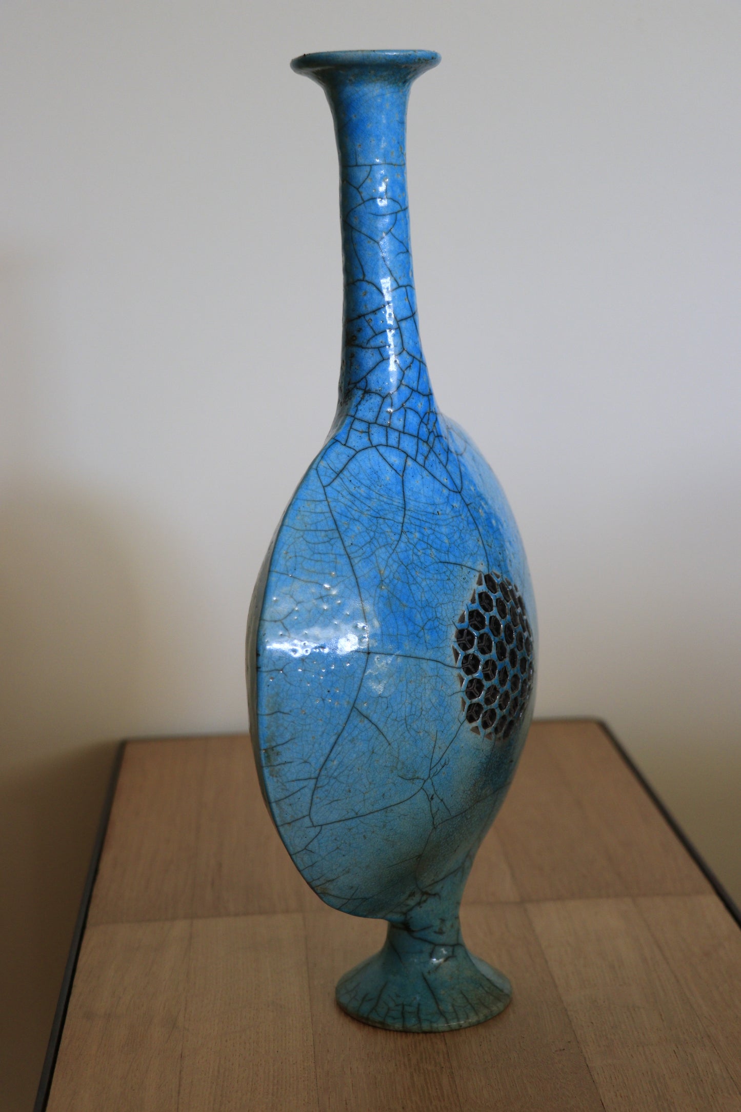 Vase disque raku turquoise (grande taille)