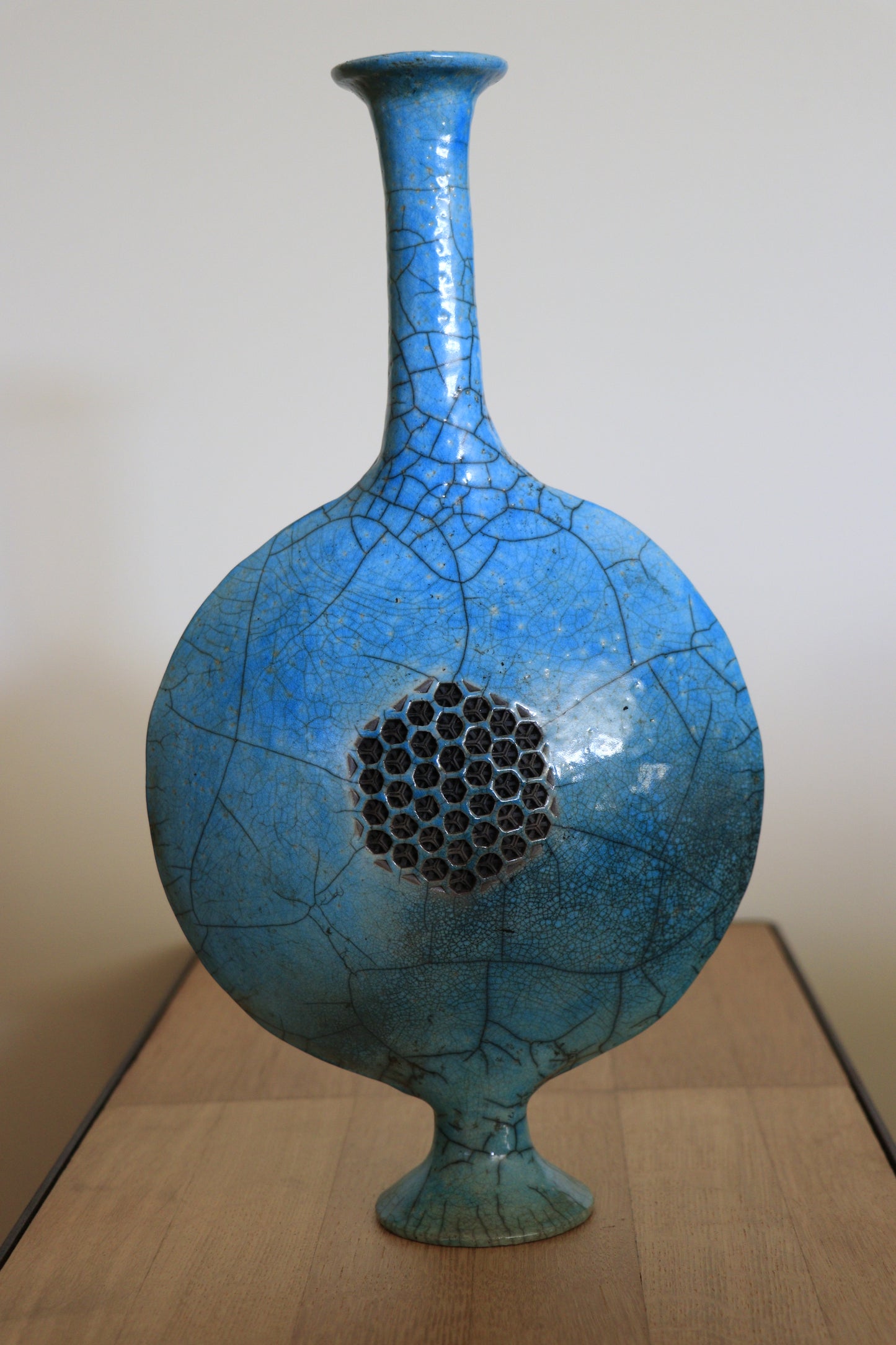 Vase disque raku turquoise (grande taille)