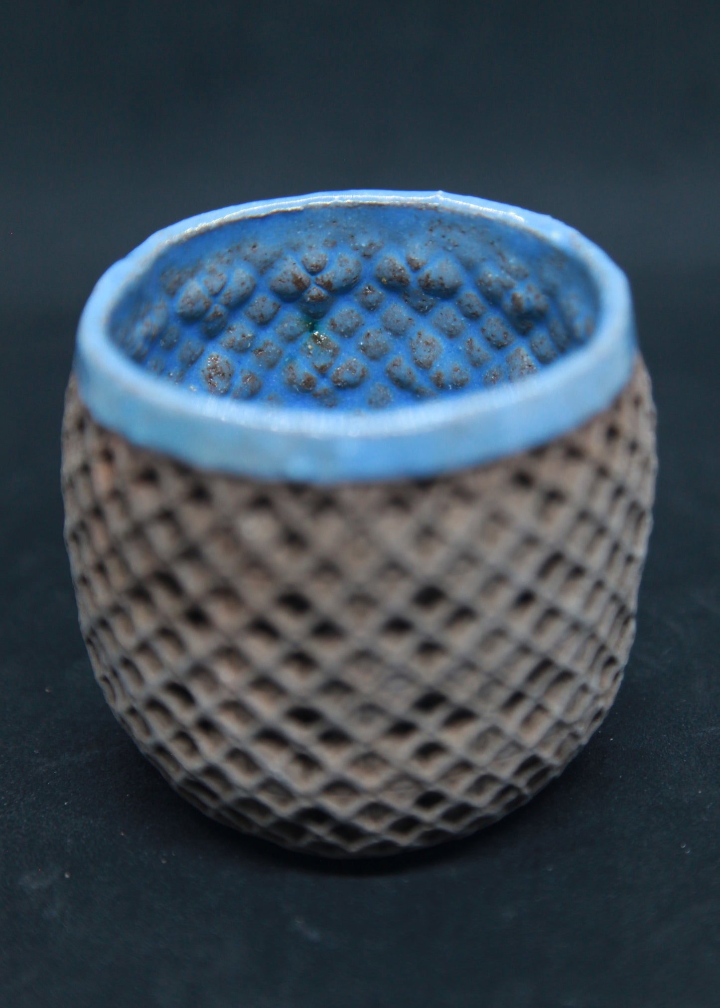 Blue and green mug on black clay - tartan pattern