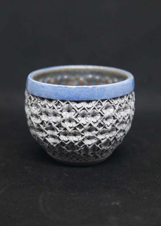 Blue bowl on gray clay, white engobe - hydrangea pattern