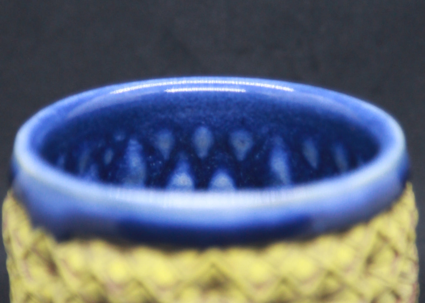 Blue bowl on red clay, yellow engobe - hydrangea motif